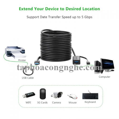 Ugreen 20827 10M màu Đen Cáp tín hiệu nối dài USB 3.0 hỗ trợ nguồn MICRO USB US175 30020827